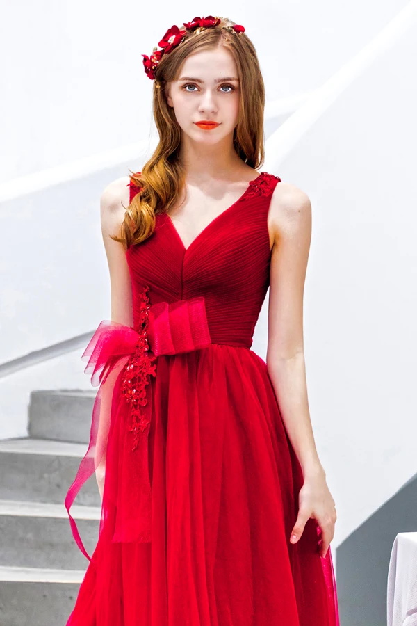 Chic / Belle Rouge Robe De Bal 2019 Princesse V-Cou Perlage En Dentelle Fleur Noeud Sans Manches Dos Nu Longue Robe De Ceremonie