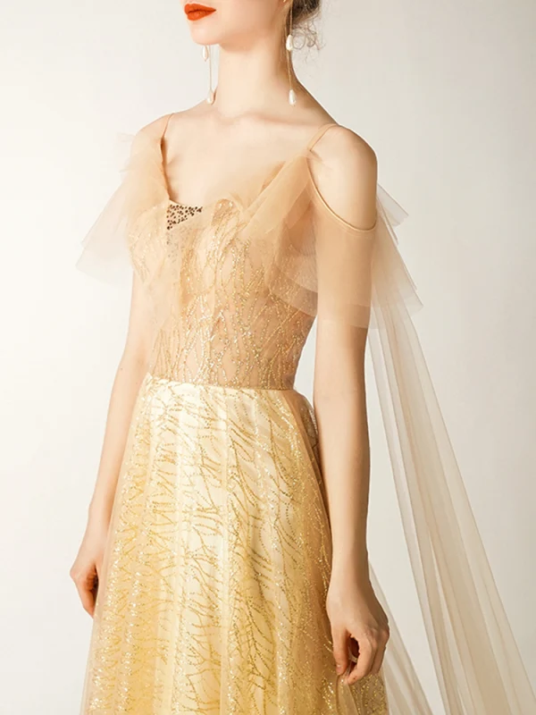 Charming Gold Evening Dresses 2019 A-Line / Princess V-Neck Glitter Sequins Sleeveless Backless Floor-Length / Long Formal Dresses