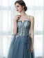 Chic Bleu Robe De Bal 2019 Princesse Bretelles Spaghetti Plumes En Dentelle Fleur Appliques Perle Sans Manches Dos Nu Train De Balayage Robe De Ceremonie