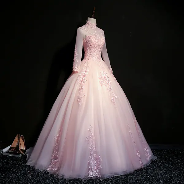 Elegant Blushing Pink Prom Dresses 2019 Ball Gown High Neck Beading Pearl Crystal Lace Flower Long Sleeve Backless Floor-Length / Long Formal Dresses