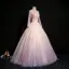 Elegant Blushing Pink Prom Dresses 2019 Ball Gown High Neck Beading Pearl Crystal Lace Flower Long Sleeve Backless Floor-Length / Long Formal Dresses
