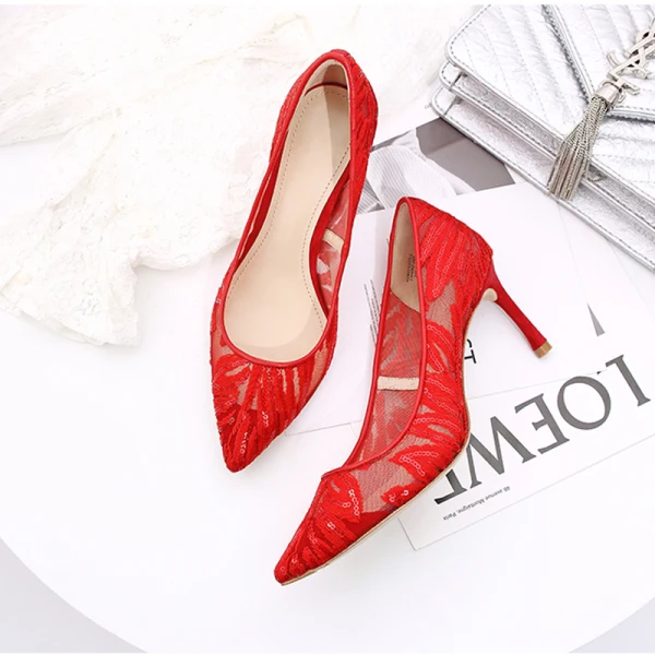 Schöne Rot Brautschuhe 2019 Spitze Pailletten 7 cm Stilettos Spitzschuh Durchbohrt Hochzeit Pumps
