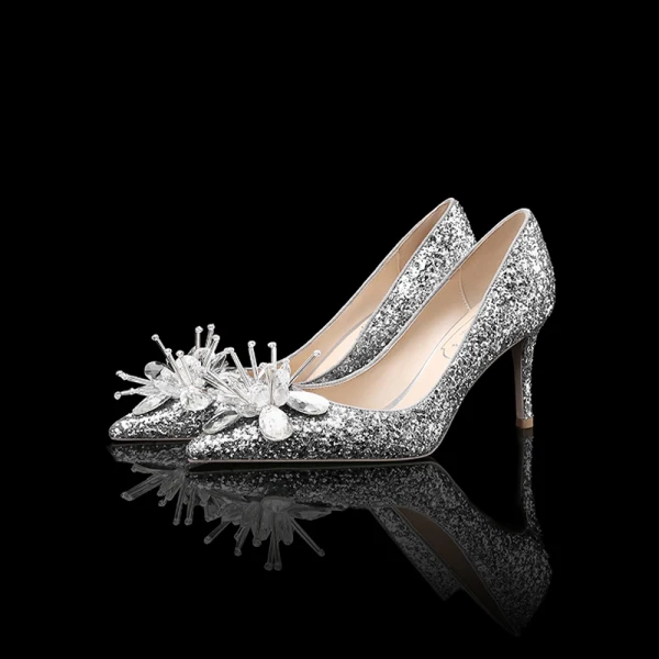 Scintillantes Argenté Chaussure De Mariée 2019 Mariage Cristal Paillettes 8 cm Talons Aiguilles À Bout Pointu Escarpins