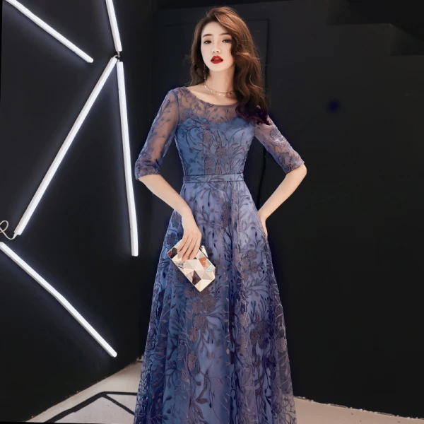 Chic / Belle Océan Bleu Robe De Soirée 2019 Princesse Encolure Dégagée En Dentelle Fleur 1/2 Manches Longue Robe De Ceremonie