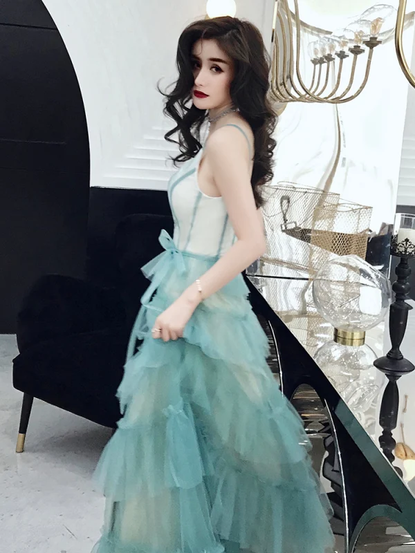 Modern / Fashion Gradient-Color Evening Dresses 2019 A-Line / Princess Spaghetti Straps Bow Sleeveless Backless Floor-Length / Long Formal Dresses