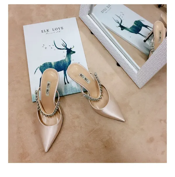 Chic / Beautiful Silver Casual Womens Sandals 2019 Leather Satin Rhinestone 9 cm Stiletto Heels Sandals Pointed Toe