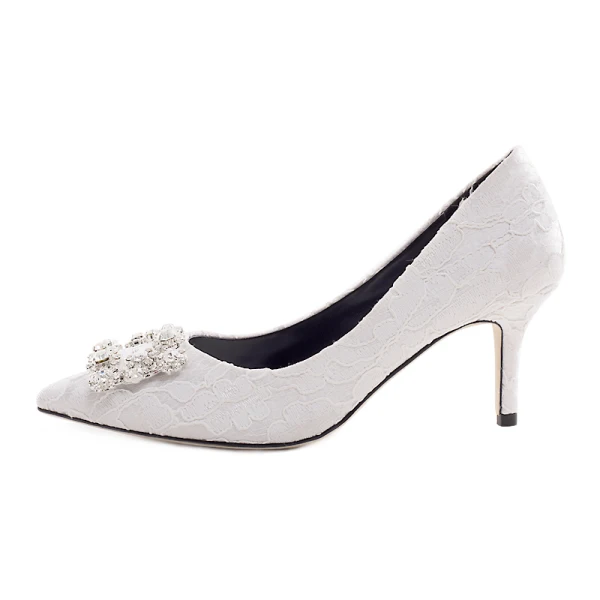 Classy Ivory Wedding Shoes 2019 Leather Lace Rhinestone 7 cm Stiletto Heels Pointed Toe Wedding Pumps