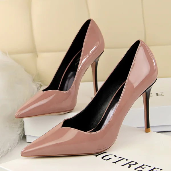 Enkel Svart Kontor Pumps 2019 Patent Lær 9 cm Stiletthæler Spisse Pumps