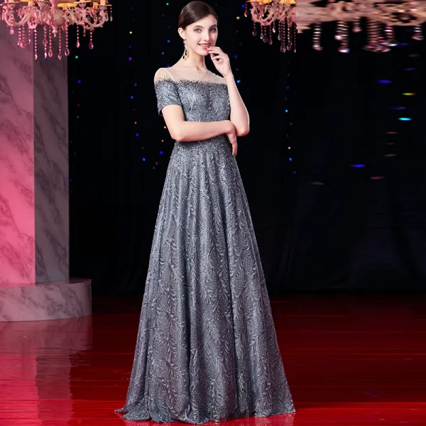 Luxury / Gorgeous Grey Evening Dresses  2019 A-Line / Princess Scoop Neck Beading Rhinestone Lace Flower Short Sleeve Floor-Length / Long Formal Dresses