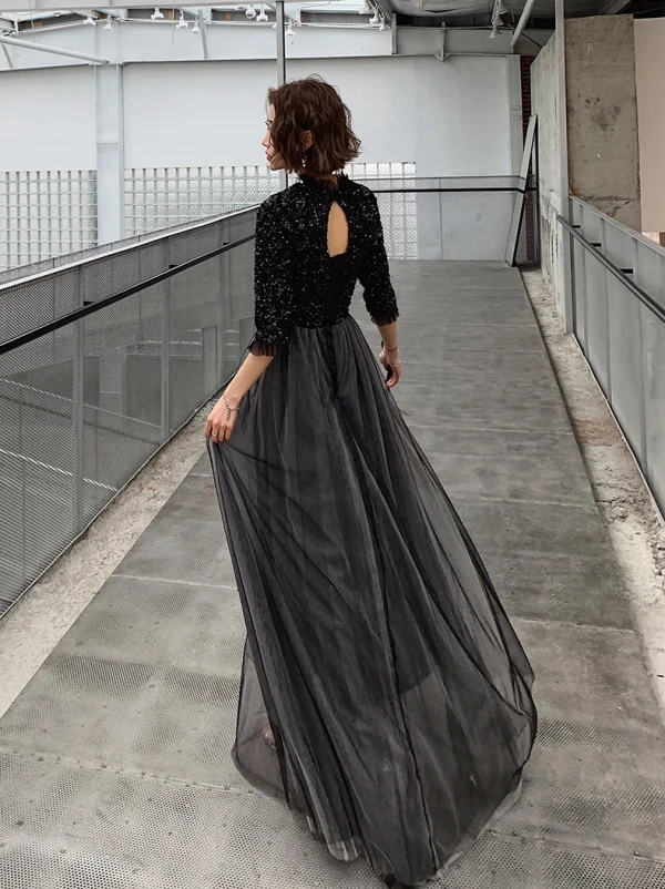 Modern / Fashion Black Evening Dresses 2019 A-Line / Princess Sequins High Neck 1/2 Sleeves Backless Floor-Length / Long Formal Dresses