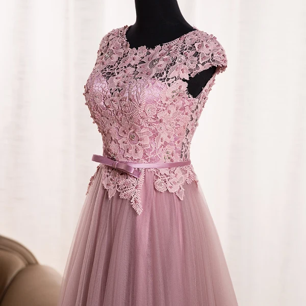 Chic / Beautiful Blushing Pink Prom Dresses 2018 A-Line / Princess Appliques Bow Pearl Scoop Neck Backless Sleeveless Floor-Length / Long Formal Dresses