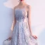 Elegante Silber Abendkleider 2019 A Linie Bandeau Strass Spitze Blumen Ärmellos Rückenfreies Lange Festliche Kleider