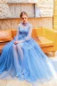 Moderne / Mode Bleu Robe De Soirée 2019 Princesse Col Haut Perle Appliques Paillettes En Dentelle Fleur Manches Longues Dos Nu Longue Robe De Ceremonie