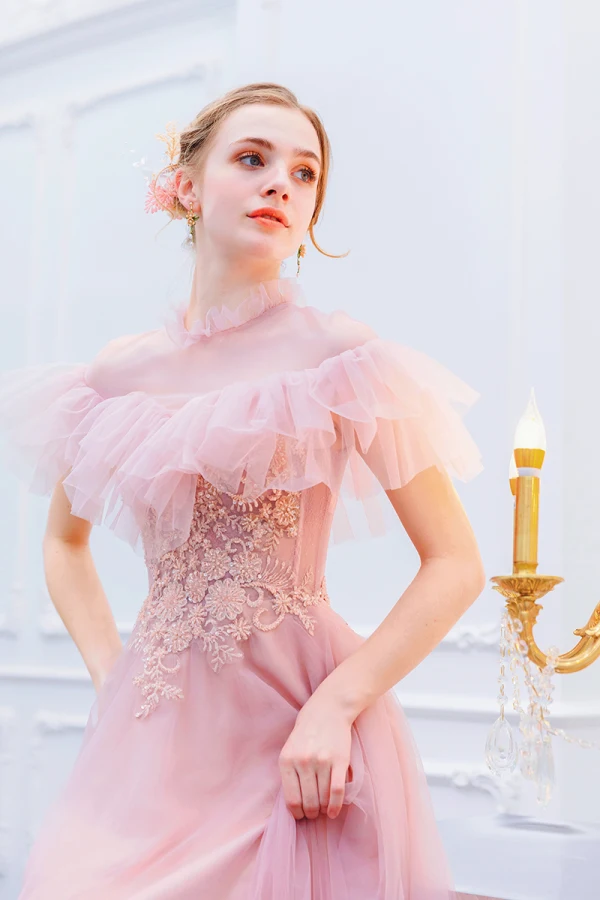 Vintage / Retro Lovely Candy Pink Evening Dresses 2019 A-Line / Princess High Neck Pearl Sequins Lace Flower Short Sleeve Floor-Length / Long Formal Dresses