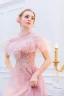 Vintage / Retro Lovely Candy Pink Evening Dresses  2019 A-Line / Princess High Neck Pearl Sequins Lace Flower Short Sleeve Floor-Length / Long Formal Dresses