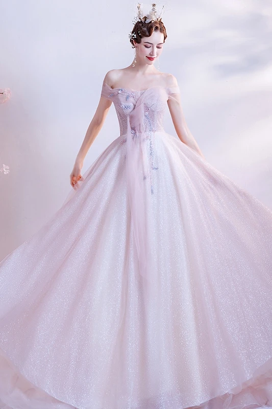 Charmant Rose Bonbon Paillettes Robe De Bal 2021 Princesse De l'épaule Sans Manches Dos Nu Longue Promo Robe De Ceremonie