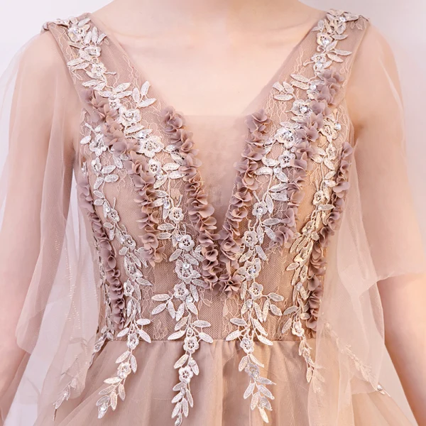 Elegant Champagne Evening Dresses 2019 A-Line / Princess V-Neck Appliques Lace Flower Sequins Short Sleeve Backless Floor-Length / Long Formal Dresses