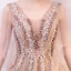 Elegant Champagne Evening Dresses  2019 A-Line / Princess V-Neck Appliques Lace Flower Sequins Short Sleeve Backless Floor-Length / Long Formal Dresses