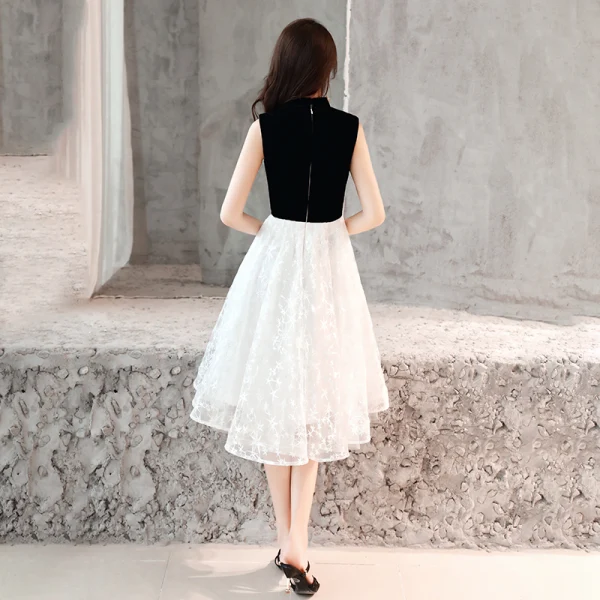 Chinese style Black Homecoming Graduation Dresses 2019 A-Line / Princess High Neck Lace Flower Star Short Sleeve Tea-length Formal Dresses