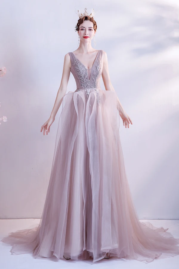 Charmant Perle Rose Robe De Bal 2021 Princesse Col v profond Perlage Paillettes Sans Manches Dos Nu Train De Balayage Robe De Ceremonie