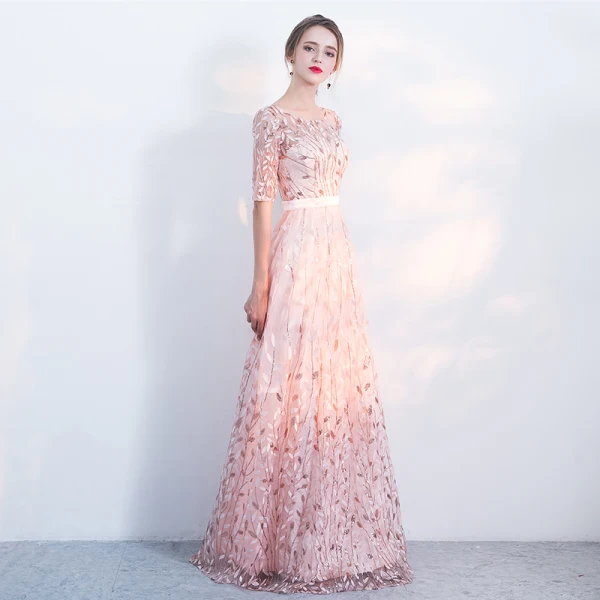 Chic / Belle Robe De Soirée 2017 Princesse En Dentelle Paillettes Ceinture Encolure Dégagée 1/2 Manches Longue Robe De Ceremonie