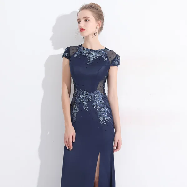 Chic / Belle Fendue devant Robe De Soirée 2017 Trompette / Sirène En Dentelle Fleur Cristal Encolure Dégagée Manches Courtes Longueur Cheville Robe De Ceremonie