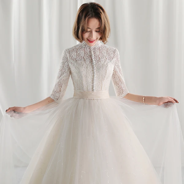 Schöne Ballkleid Brautkleider / Hochzeitskleider 2017 Spitze Blumen Stehkragen Rückenfreies 1/2 Ärmel Lange Hochzeit