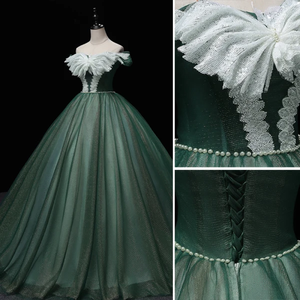 Elegant Dark Green Prom Dresses 2022 Ball Gown Off-The-Shoulder Short Sleeve Sequins Backless Pearl Bow Floor-Length / Long Formal Dresses