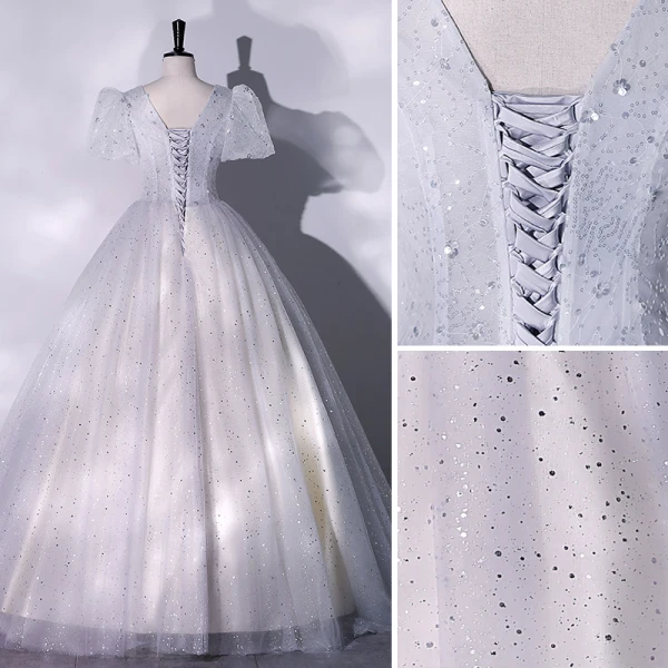 Chic / Beautiful Grey Sequins Prom Dresses 2022 Ball Gown V-Neck Puffy Short Sleeve Backless Floor-Length / Long Formal Dresses