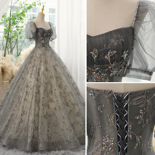 Chic / Belle Gris Perlage Paillettes Robe De Bal 2023 Robe Boule Encolure Carrée Manches Courtes Dos Nu Longue Promo Robe De Ceremonie