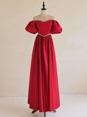 Vintage Retro Red Beading Pearl Satin Prom Dresses 2024 A Line Princess Off The Shoulder Puffy Short Sleeve Backless Bow Floor Length Long Formal Dresses