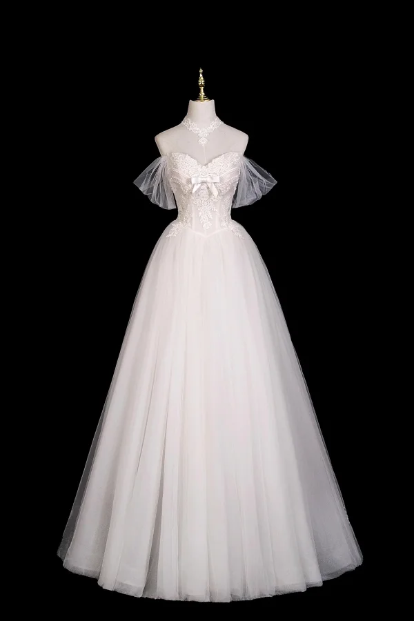 Elegant White Lace Flower Wedding Dresses 2026 A-Line / Princess Off-The-Shoulder Bow Sleeveless Backless Floor-Length / Long
