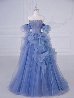 Chic Beautiful Pool Blue Beading Pearl Cascading Ruffles Prom Dresses 2024 Ball Gown Off The Shoulder Short Sleeve Backless Floor Length Long Prom Formal Dresses