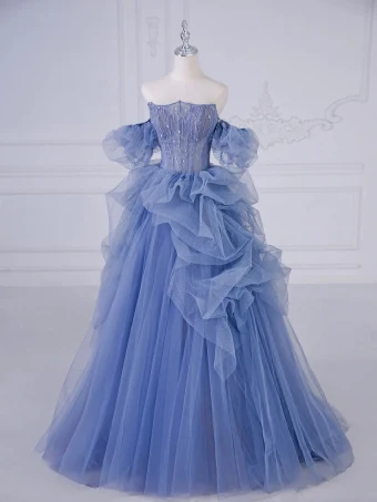 Chic Belle Bleu Perlage Perle Volants En Cascade Robe De Bal 2024 Robe Boule De L Épaule Manches Courtes Dos Nu Longue Promo Robe De Ceremonie