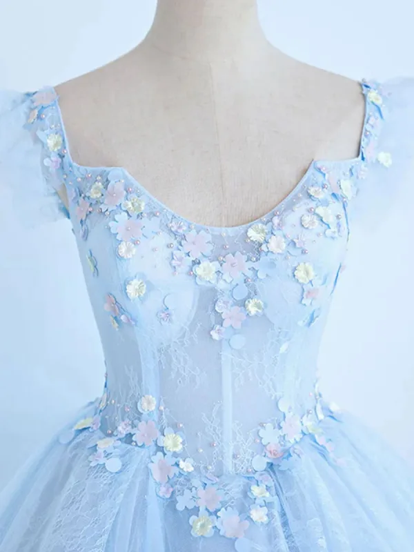 Élégant Bleu Ciel Perlage Perle En Dentelle Fleur Appliques Robe De Bal 2024 Robe Boule Encolure Carrée Sans Manches Dos Nu Longue Robe De Ceremonie