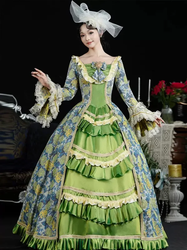 Vintage / Retro Medieval Lime Green Floral Prom Dresses 2024 Printing Floor-Length / Long Lace Cosplay Long Sleeve A-Line / Princess Ball Gown Prom Formal Dresses