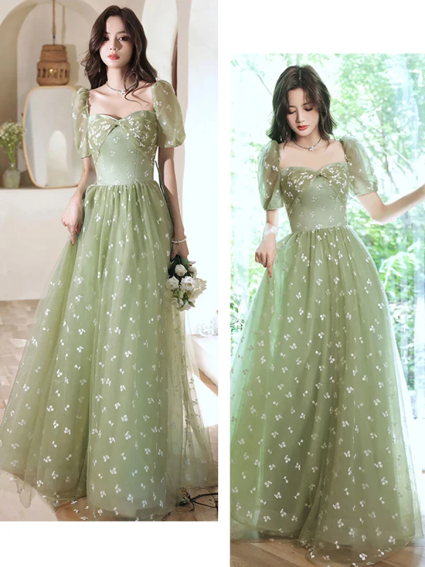 Chic / Belle Vert Cendré Floral Robe De Bal 2024 Princesse Encolure Carrée Manches Courtes Dos Nu Longue Robe De Ceremonie