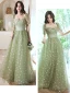 Chic / Belle Vert Cendré Floral Robe De Bal 2024 Princesse Encolure Carrée Manches Courtes Dos Nu Longue Robe De Ceremonie