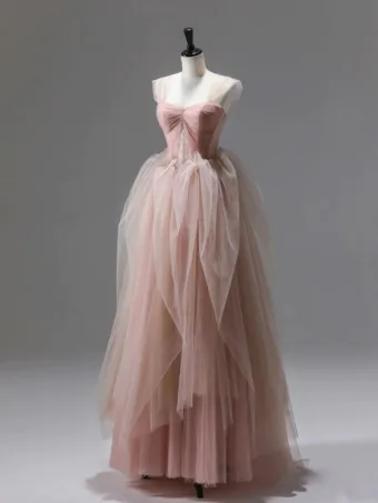 Charmant Rougissant Rose Perlage En Dentelle Fleur Volants En Cascade Robe De Bal 2024 Princesse Encolure Carrée Sans Manches Dos Nu Longue Robe De Ceremonie