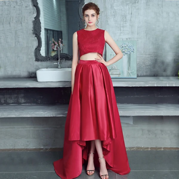 2 Piece Burgundy Cocktail Dresses 2017 A-Line / Princess Charmeuse U-Neck Lace Embroidered Cocktail Party Formal Dresses
