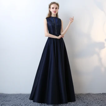 Elegant Navy Blue Evening Dresses 2017 Sleeveless Backless Pearl Strappy Charmeuse Formal Dresses
