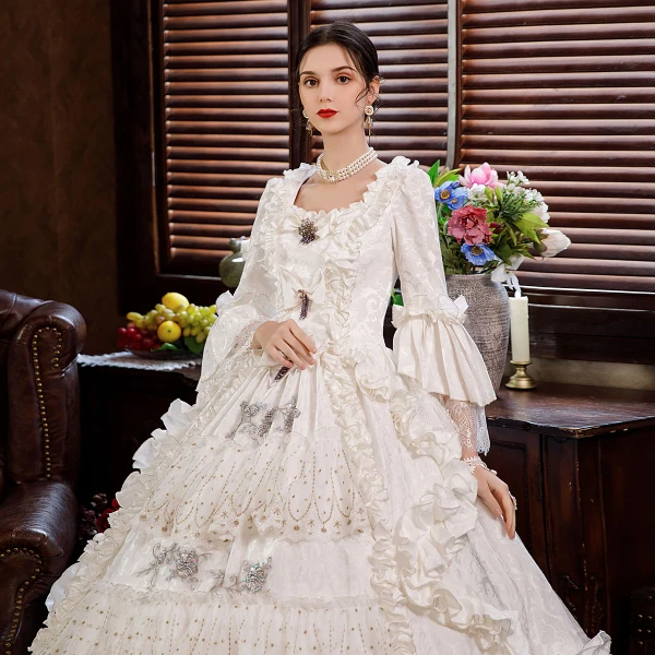 Vintage Middelalderlig Elegant Ivory Gallakjoler 2021 3D Blonde Beading Perle Pailletter Lange U-udskæring Cosplay Bryllups Dancing Vinter Langærmet Selskabskjoler