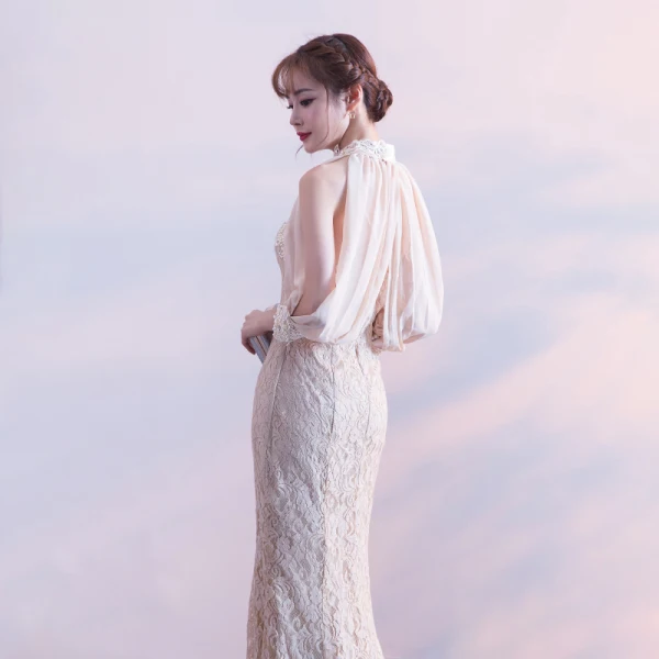 Chic / Beautiful Champagne Evening Dresses 2017 Trumpet / Mermaid Lace Strapless Appliques Beading Rhinestone Evening Party Formal Dresses
