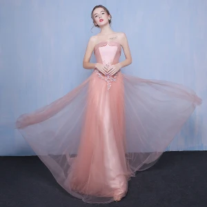 Chic Beautiful Pearl Pink Evening Dresses 2018 A Line Princess Tulle Strapless Appliques Backless Beading Evening Party Formal Dresses