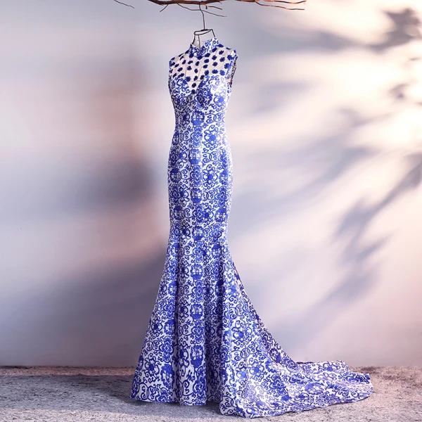 Chinese style Royal Blue Chapel Train Evening Dresses 2018 Trumpet / Mermaid High Neck Appliques Backless Printing Charmeuse Evening Party Formal Dresses
