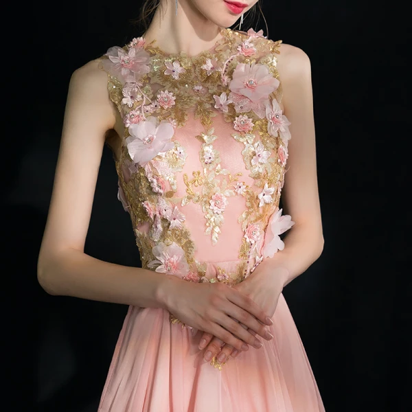 Flower Fairy Pearl Pink Short Graduation Dresses 2018 A-Line / Princess U-Neck Tulle Appliques Backless Beading Rhinestone Homecoming Formal Dresses