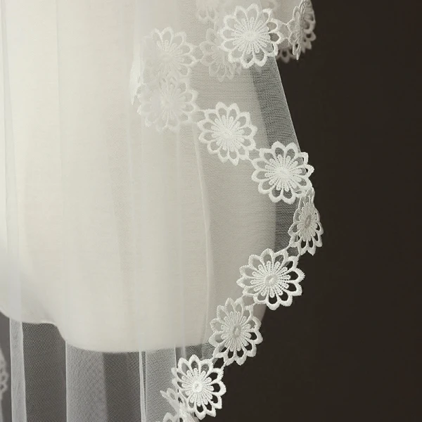 Modest / Simple Ivory Chapel Train Lace Tulle Appliques 2 m Wedding Veils 2018