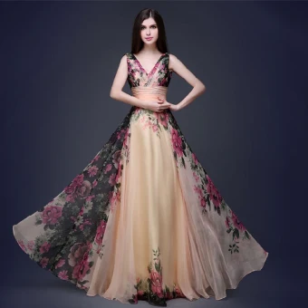 Fée Des Fleurs Champagne Longue Robes Longues 2018 Princesse V Cou Sans Manches Chiffon Dos Nu Impression Plage Été Vêtements Femme