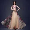 Flower Fairy Champagne Floor-Length / Long Maxi Dresses 2018 A-Line / Princess V-Neck Sleeveless Chiffon Backless Printing Beach Summer Womens Clothing