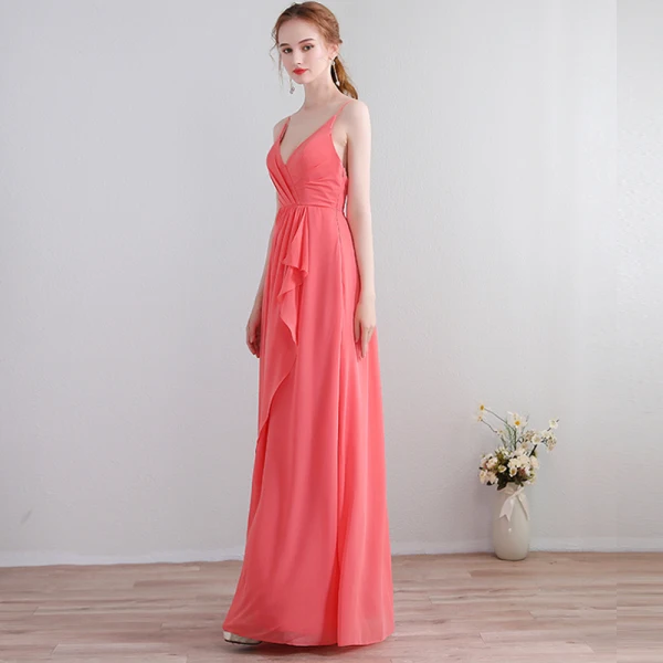 Amazing / Unique Floor-Length / Long Watermelon Formal Dresses 2018 V-Neck A-Line / Princess Chiffon Lace-up Appliques Backless Evening Party Evening Dresses